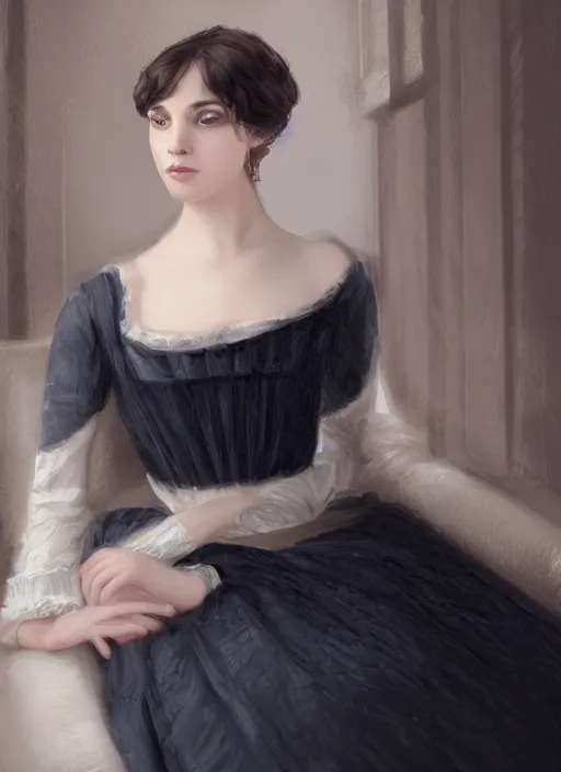 Prompt: a photograpic portrait of young woman, pride and prejudice, realistic, with kind face, dark hair, georgian dress, intricate, elegant, highly detailed, digital painting, smooth, sharp focus