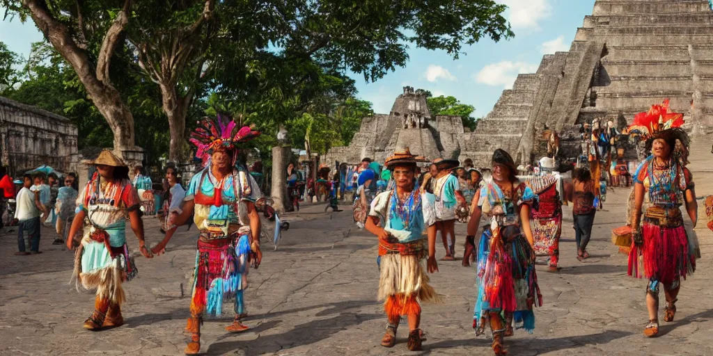 Image similar to guatemala in the 1 5 0 0 s filled with ancient tikal mayan architecture, mayan woman walking the streets, indians in traditional wear haggling with the street vendors, surreal, beautiful, hyper realistic, trending on artstation, 8 k, hd