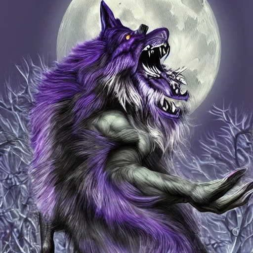 Prompt: a purple werewolf howling into a full moon, in the style of ayami kojima, realistic digital painting, very detailed