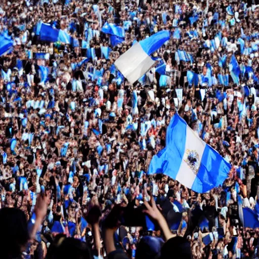 Image similar to Lady Gaga as president, Argentina presidential rally, Argentine flags behind, bokeh, giving a speech, detailed face, Argentina