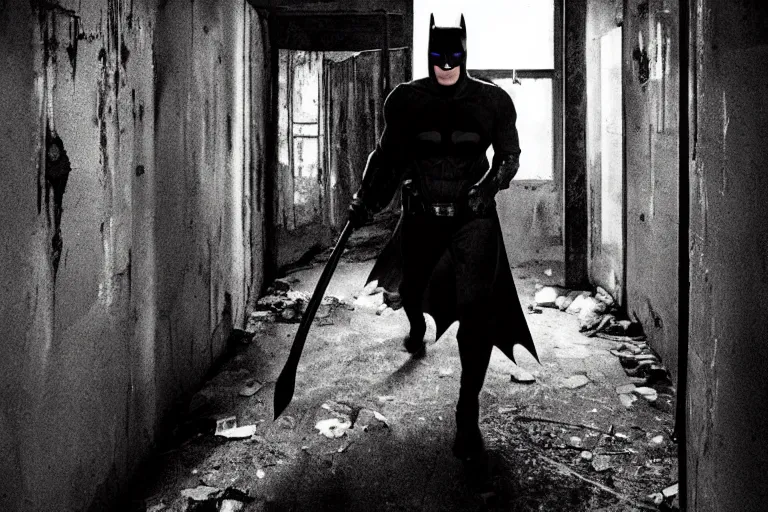 Prompt: batman wielding axe, chasing through old decrepit hallway, creepy smile, atmospheric eerie lighting, dim lighting, bodycam footage, photograph