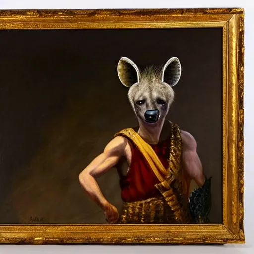 Image similar to A very detailed oil painting of an anthropomorphic hyena dressed like a Hoplite, Ancient Greece, backlit, very beautiful painting