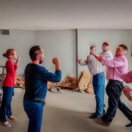 Image similar to people fighting at real estate auction, cinematic mid shots, high saturation color