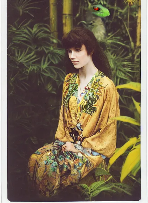 Image similar to Pre - raphaelit grainy head to shoulder portrait Polaroid film photograph of an elegant top model wearing a yellow kimono with a very detailed barn owl on her shoulder!!! sitting on a throne in a tropical greenhouse. looking at the camera!!. super resolution. Extremely detailed. Polaroid 600 film.