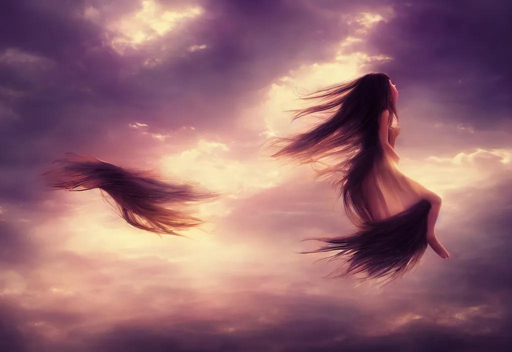 Image similar to a thin, pretty young Filipino woman with long hair floats dramatically in the air in a dreamy world in the distance, her face is in shadow, eyes closed, very beautiful, inspiring, hopeful, dramatic lighting, abstract digital art, trending on artstation