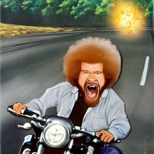 Prompt: bob ross screaming on back of a motorcycle