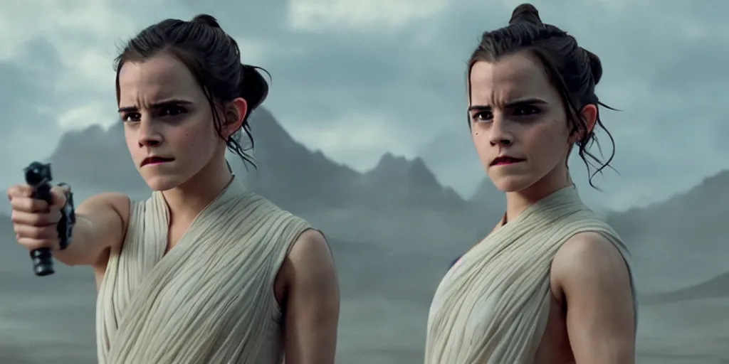 Prompt: emma watson as rey in the new star wars movie, cinematic, detailed