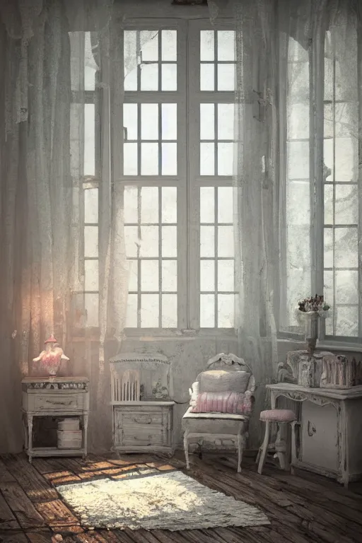 Prompt: hq sharp photo realistic shabby chic room with windows colorful atmospheric, artstation behance