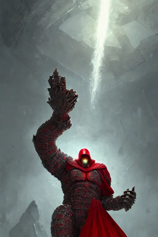 Prompt: ultrarealistic massive giant iron golem with red cape, large metal helm bladed iron mantle etched iron armor, bone plants, fantasy character portrait, octane render, extreme intricate glowing details, cinematic lighting, volumetric lighting, ultra wide angle, artstation, dnd art, cgsociety, sharp focus, beautiful digital painting by artgerm, gerald brom, wlop