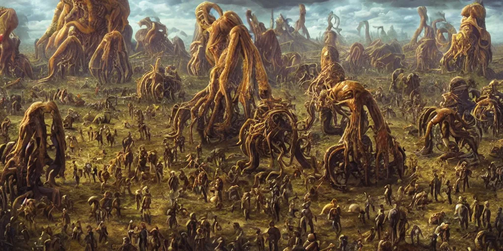 Prompt: surreal landscape oil painting of a terrifying bizarre parade deep perspective small biomorphic creatures in background large disturbing humanoids in the foreground perfect composition golden ratio epic scene unreal render hyperrealistic detail