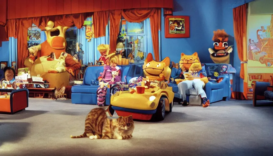 Image similar to 1990s photo of inside the Garfield's Wild Dream ride at Universal Studios in Orlando, Florida, children riding a box with a blanket, with Garfield the cartoon cat, through Jon's living room filled lasagna, coffee cups, and a big lava lamp, cinematic, UHD