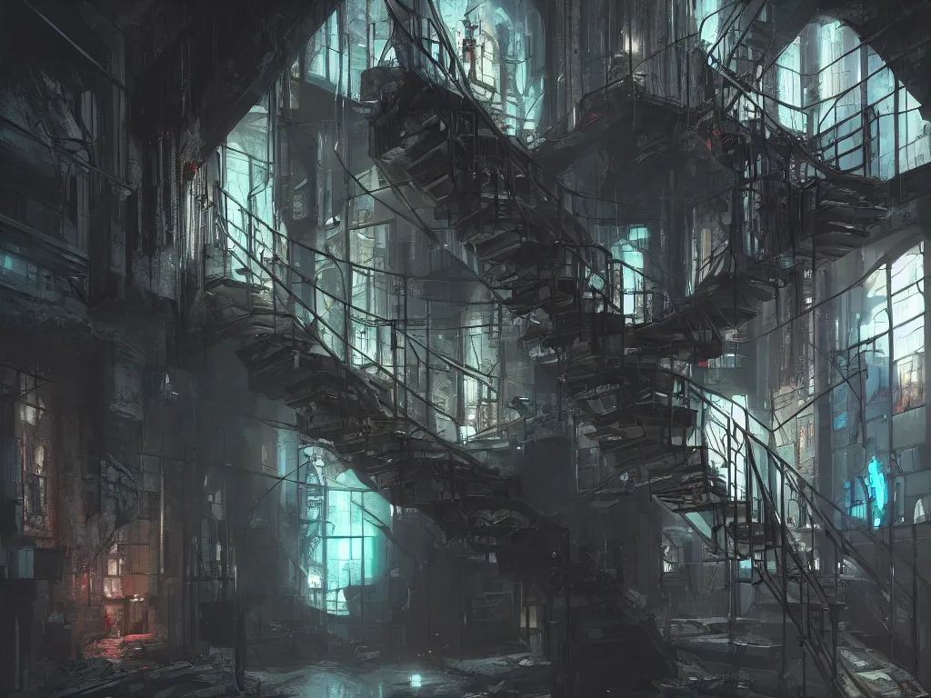 Prompt: a cellar staircase, cyberpunk style, digital painting, concept art, smooth, sharp focus, hyperrealistic, illustration, artstation trending, octane render, unreal engine, ambient light, dynamic lighting, magical, dark vibes, Cyberpunk 2077