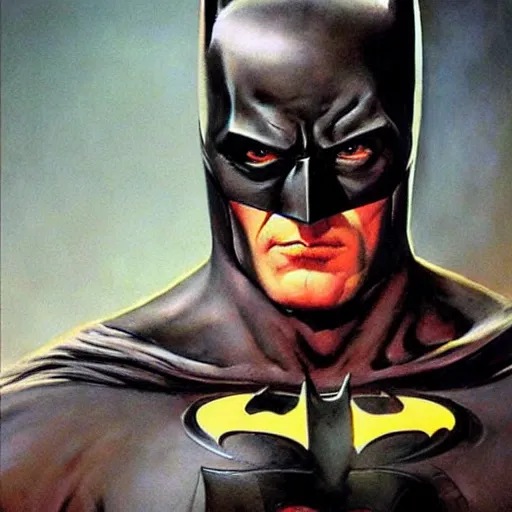 Prompt: an ultra - realistic portrait painting of batman in the style of frank frazetta. 4 k. ultra - realistic. highly detailed. dark fantasy. creepy lighting.