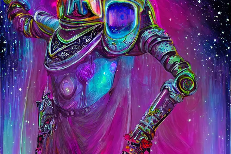 Image similar to digital art of a spiritual medieval knight looking up at the stars, acrylic art, universe, painting, pastel colors, synthwave, retro, cyberpunk,