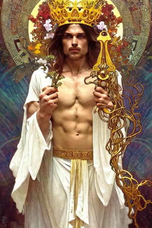 Image similar to a god wearing white clothes and golden crown, muscular, flowers, amazing, tarot art, painting by greg rutkowski and alphonse mucha