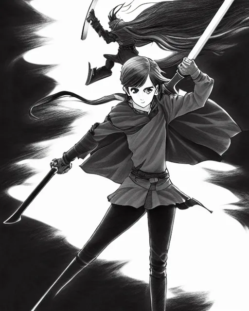 Image similar to a very detailed pencil drawing of emma watson in demon slayer manga panel, action lines, on rooftop, back light, sword slash, high resolution, dynamic pose, landscape, full body, action, sword, hyper realistic, manga, koyoharu gotouge, sakuga