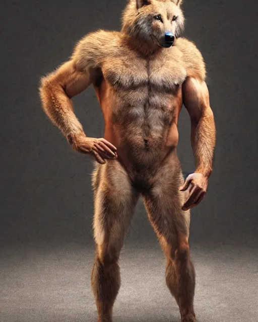 Prompt: a man wolf centaur, has the head of a timber wolf, torso of a man, and body of a wolf, standing on four legs, covered in fur, highly realistic, Rick Baker style, photoreal, studio lighting