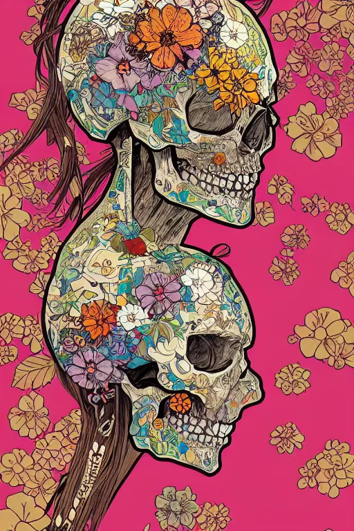 Image similar to beautiful skull cyborg portrait girl female illustration detailed patterns art of thai traditional dress, flowers pop art, floral splash painting, art by geof darrow, ashley wood, alphonse mucha, makoto shinkai