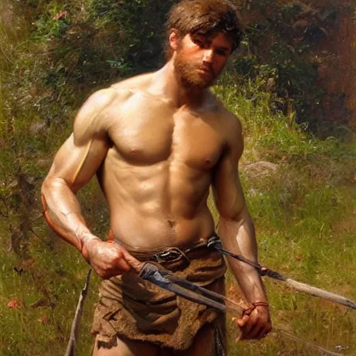 Image similar to young shepherd by a river, playful, male, muscular, detailed face, thighs!!!! gorgeous, amazing, muscular, intricate, highly detailed, painting by Gaston Bussiere, Craig Mullins