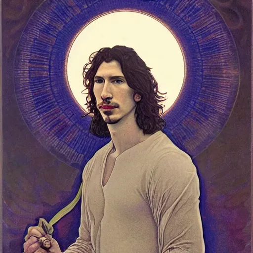 Image similar to adam driver portrait by louis - theophile hingre and alphonse mucha, realistic, sharp focus, zodiac signs, tarot cards, planets, ethereal, art nouveau, magic, moon, sun, crown, dreamy, royal, jewellery