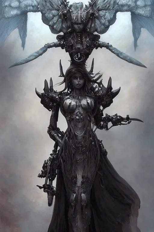 Prompt: Portrait of beautiful pale warhammer 40000 goth girl with mechanical wings, dark fantasy, digital illustration, intricate, highly detailed, smooth, artstation, painted by Wayne Barlowe and Greg Rutkowski and zdislav beksinski and Ruan Jia and Mandy Jurgens and Artgerm and william-adolphe bouguereau