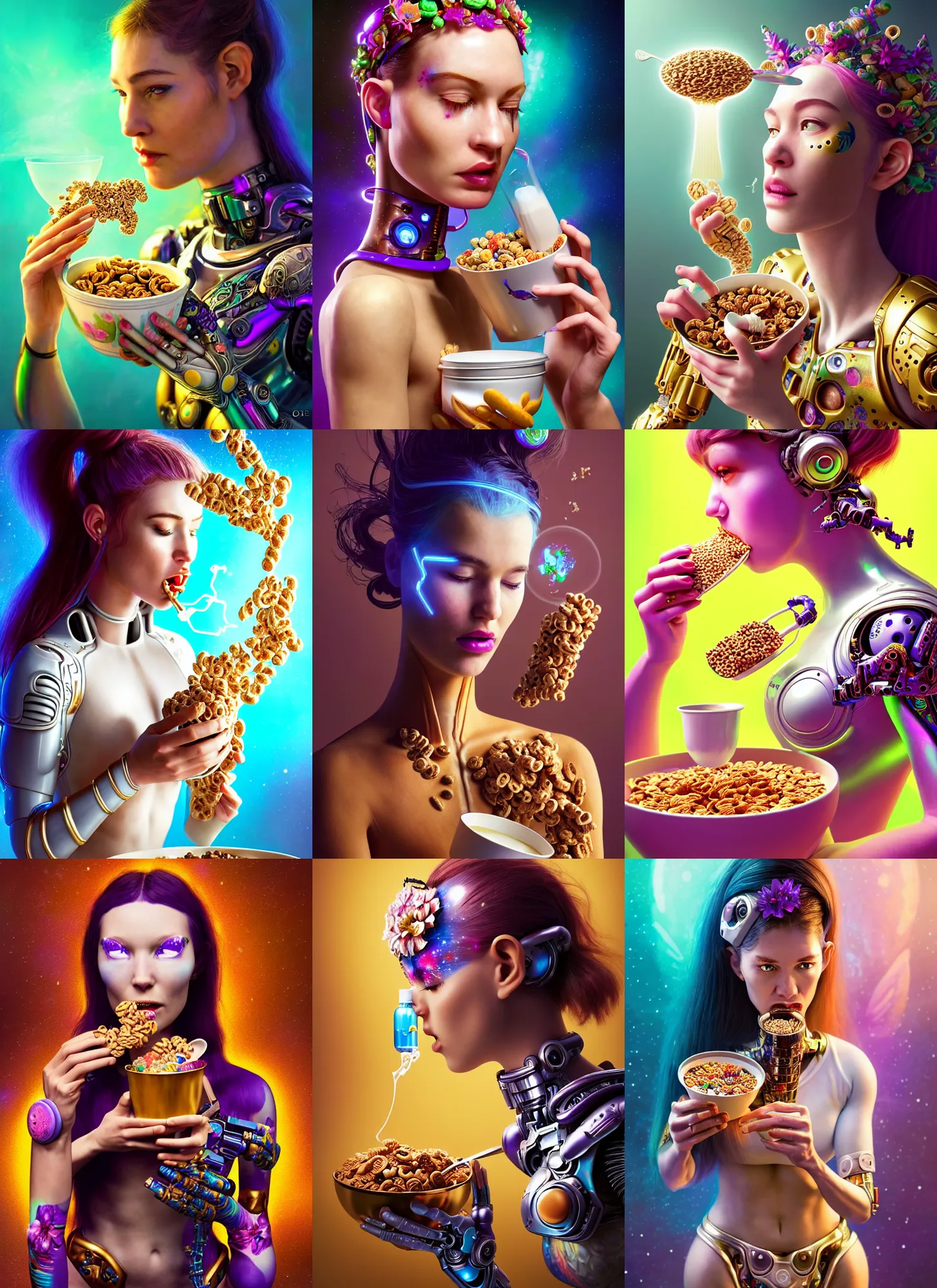 Prompt: polished lush galactic ornate floral edm cyborg woman eating milk and cereal : : weta disney pixar movie still photo : : hi - fructose, sci fi, decadent highly - detailed digital painting, golden ratio, octane render, artstation, smooth, sharp focus, artgerm mucha, loish, wlop : :