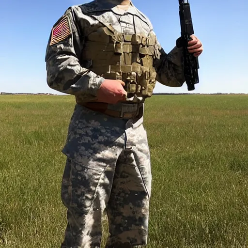 Image similar to “a short, strong, bald, buff, 35 year old man in a US Army Uniform standing in the middle of a field with a grumpy look on his face”