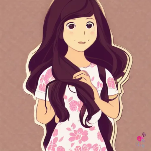 Prompt: hispanic girl with long brown hair, flower dress, face, sticker, emoji, white background, by rossdraws, ghibli