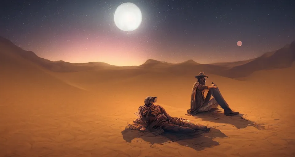 Image similar to a man resting in the desert at night, artstation