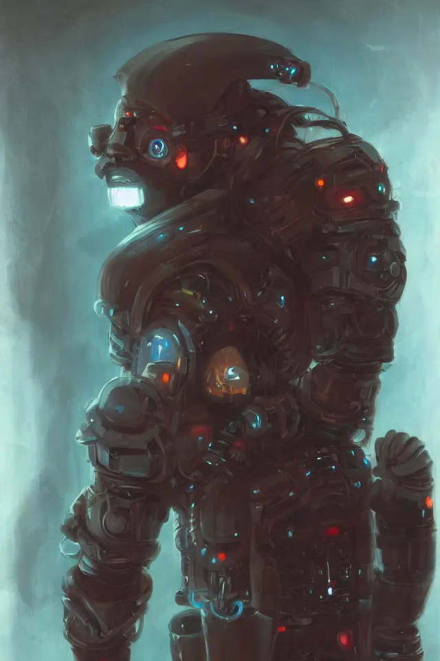 Prompt: a striking oil on canvas portrait of a cybernetic cyberpunk dark-skinned eurorack dwarf in the style of Brom, shadowrun