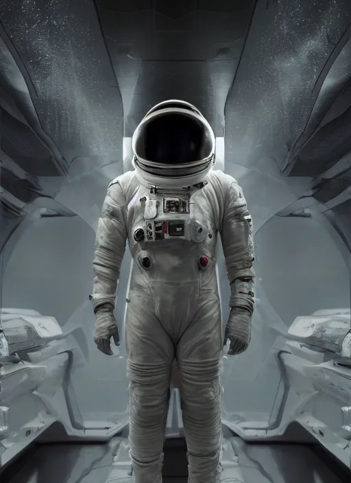 Image similar to symmetry concept art by craig mullins astronaut in futuristic dark and empty spaceship underwater. infrared glowing lights. complex and hyperdetailed technical suit. reflection and dispersion materials. rays and dispersion of light. volumetric light. 5 0 mm, f / 3 2. noise film photo. flash photography. unreal engine 4, octane render. interstellar movie art