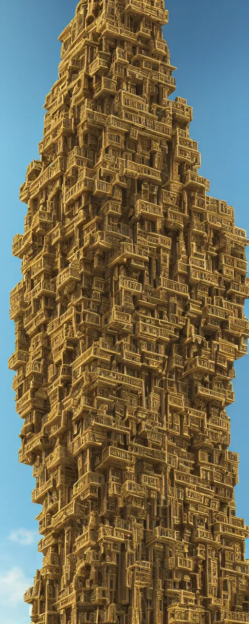 Image similar to photorealistic eye level view of a contemporary babylon tower, golden intricate details, stone facade, sacred ancient architecture, hanging gardens, cascading highrise, arid mountains with lush palm forest, sunlight, post - production, octane, cgi, sfx