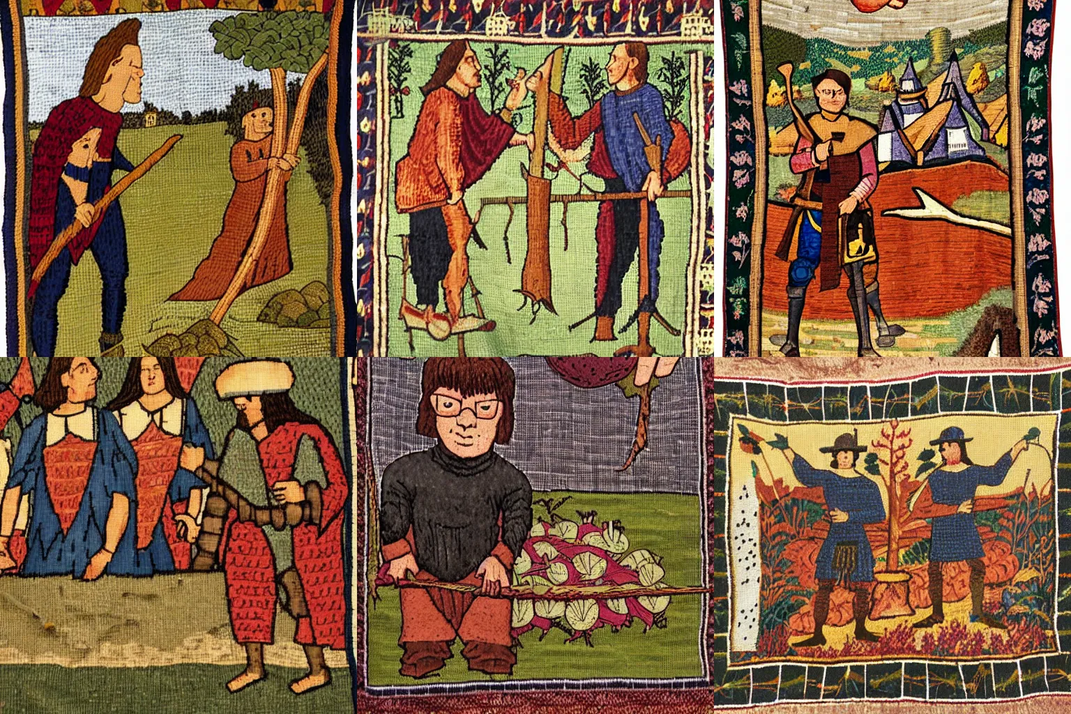 Prompt: medieval tapestry of Dwight Schrute harvesting beets