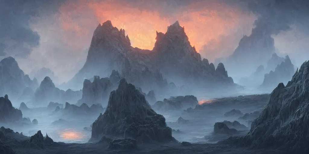 Prompt: ancient horror fantasy background, cliffs and peaks, foggy and lava light source