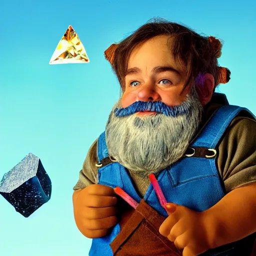 Image similar to a pudgy dwarf wearing blue overalls with full beard and a pocketful of gems holding a pickax, high resolution film still, HDR color, movie by Wolfgang Petersen and Peter Jackson