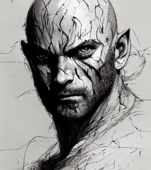 Image similar to portrait of strong bald man with burn scars in scale armor, pen and ink, intricate line drawings, by craig mullins, ruan jia, kentaro miura, greg rutkowski, loundraw