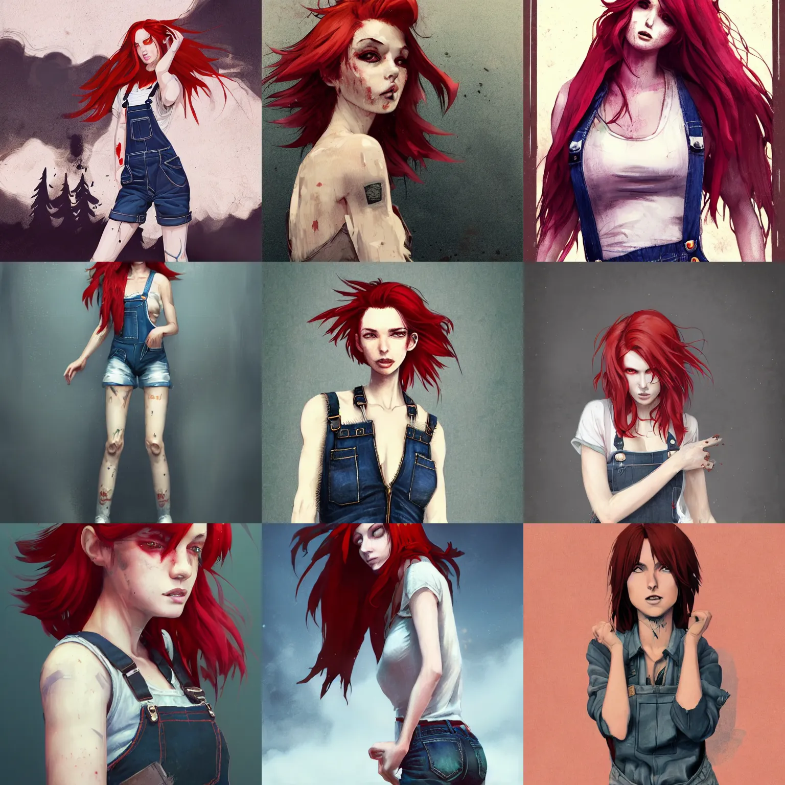 Prompt: a grungy flirty woman with red hair, drunk, angry, soft eyes and narrow chin, dainty figure, long hair straight down, torn overalls, basic white background, side boob, symmetrical, single person, style of by Jordan Grimmer and greg rutkowski, crisp lines and color,