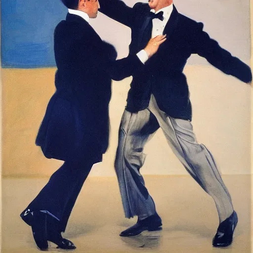 Image similar to Gene Kelly dancing with Pee Wee Herman, by Sir James Guthrie, hyperrealism