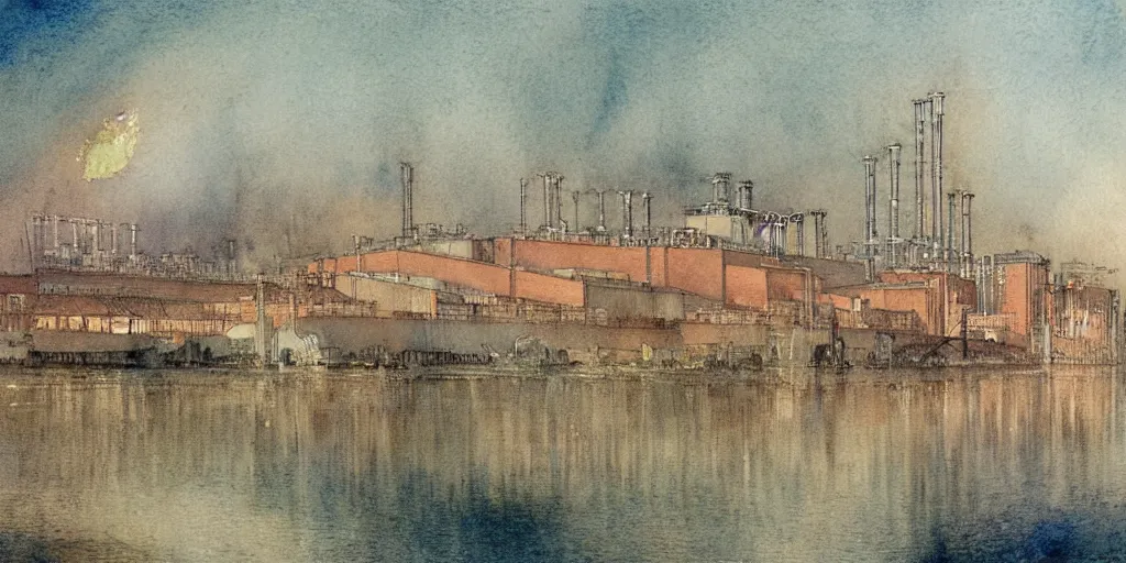 Prompt: a hiper intricate watercolor of a beatiful modern factory extremely detailed, sharp focus, wide view, detailed rought paper, digital illustration, colorfull, by william turner art, by greg rutowski, by carl larson, by edmund dulac