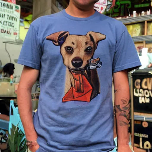 Image similar to bootleg tshirt of a dog smoking a blunt at the market