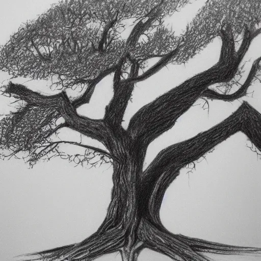 Prompt: oak tree on a hill, pencil drawing, detailed
