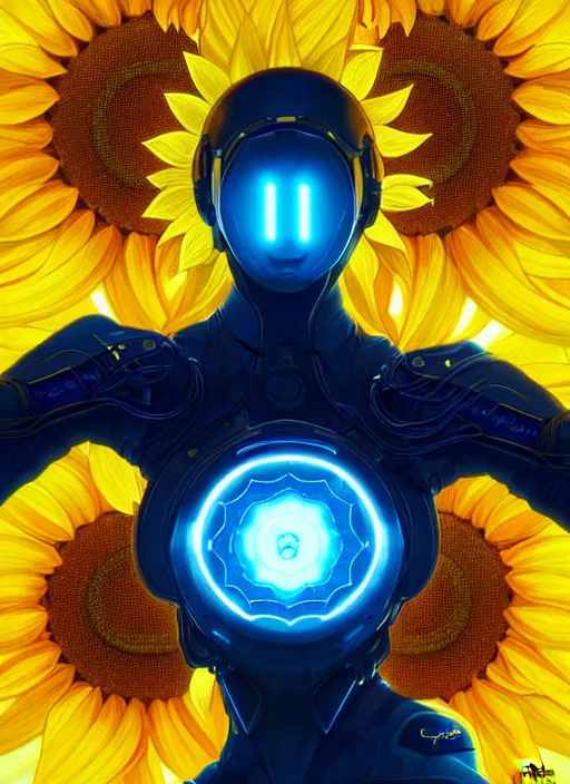 Prompt: symmetry!! portrait of a sunflower, sci - fi, tech wear, blue and yellow glowing lights!! intricate, elegant, highly detailed, digital painting, artstation, concept art, smooth, sharp focus, illustration, art by artgerm and greg rutkowski and alphonse mucha