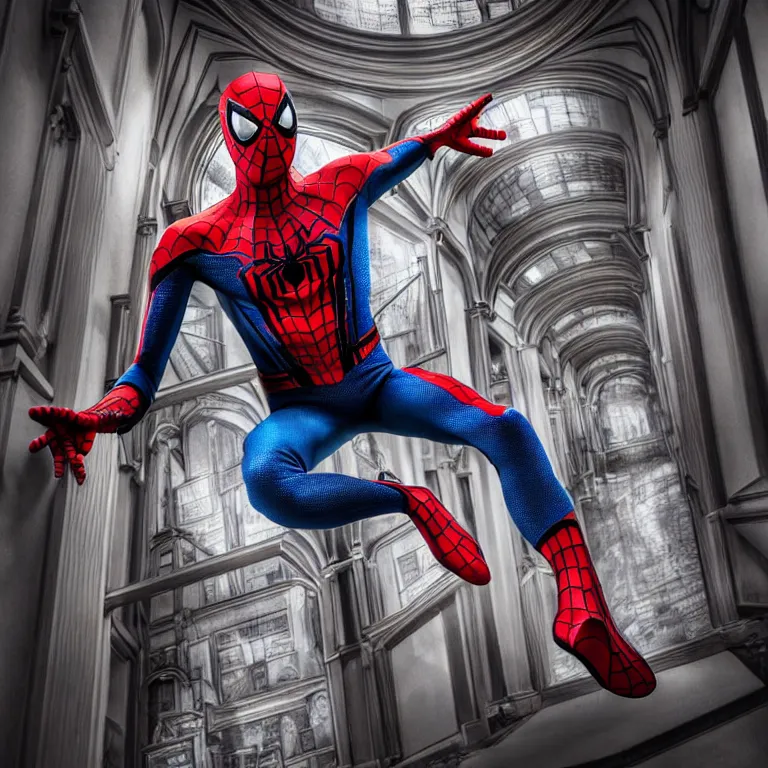 Image similar to spider man suit in a museum, realistic, hdr, dramatic lighting, photo, dslr photo, stunning image