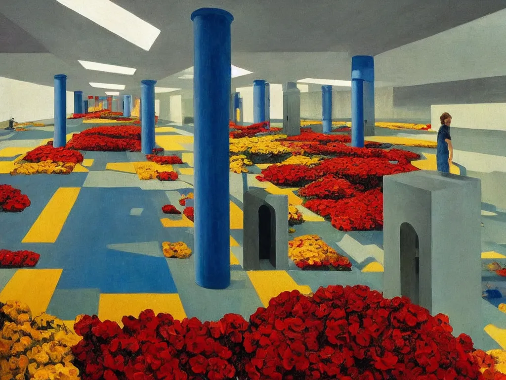 Image similar to colorful minimalist industrial interior hallway with monolithic pillars in the style of ridley scott and stanley kubrick, impossible stijl architecture, bed of flowers on floor, ultra wide angle view, cinematic, god rays, volumetric lighting, realistic detailed painting by edward hopper