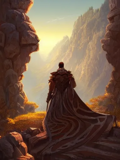 Image similar to over the shoulder of a powerful king looking to the very distant horizon full of montains and valleys. intricate, elegant, highly detailed, digital painting, artstation, concept art, sharp focus, illustration, by justin gerard and artgerm, 8 k