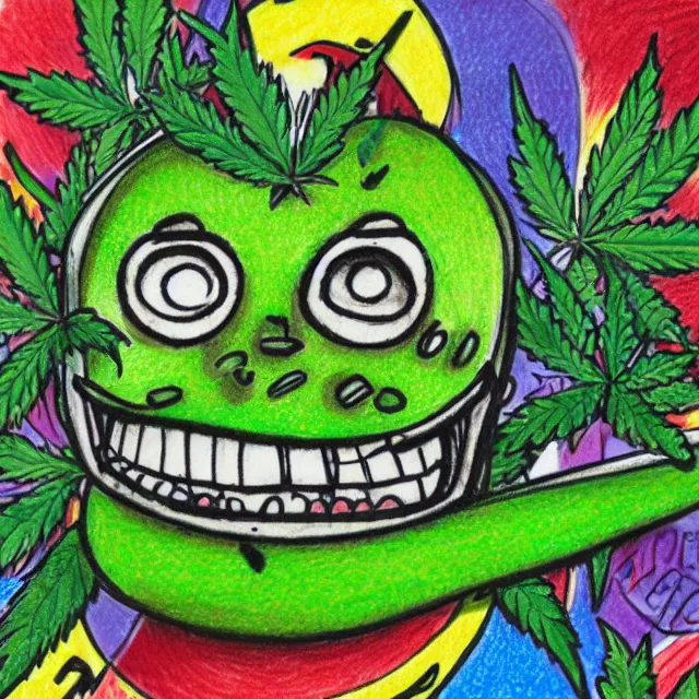 Prompt: cannabis smiley face cartoon, colored pencil illustration