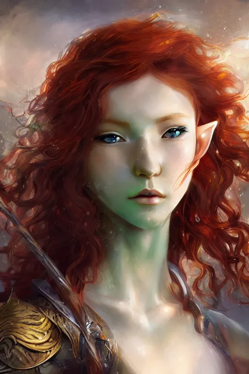 Image similar to A realistic anime portrait of long curly haired redhead female elf ranger wearing an intricate fantasy ranger outfit, asian facial features, green eyes, digital painting, by Stanley Artgerm Lau, Sakimichan, WLOP and Rossdraws, digtial painting, trending on ArtStation, SFW version