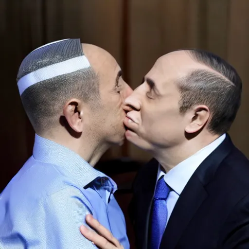 Prompt: benjamin netanyahu kissing naftali bennet, realistic, detailed