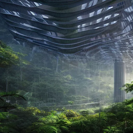 Image similar to extreme wide shot a futuristic containment building in a rainforest valley with a city in the distance, national geographic, hyper realistic, 4 k, warm light, a sense of hope, artstation