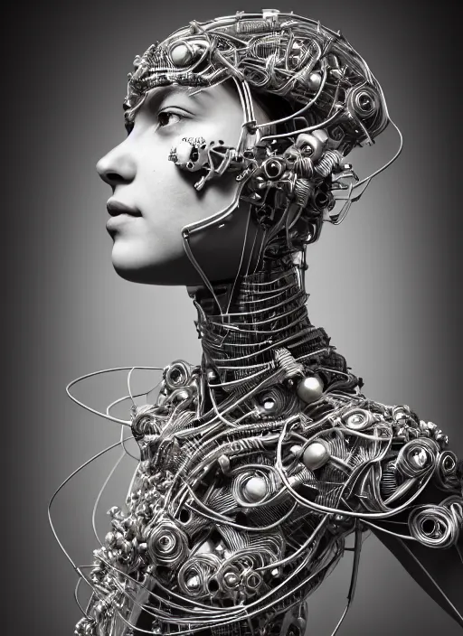 Prompt: a beautiful young female cyborg made of intricate metal flower stems and wire cables, unreal engine, portrait, tintype, side - view, f / 2. 8, black and white, high contrast, 1 6 k, lonely, perfectionism, halfrear lighting, insanely detailed and intricate, hypermaximalist, elegant, ornate, hyper realistic, super detailed